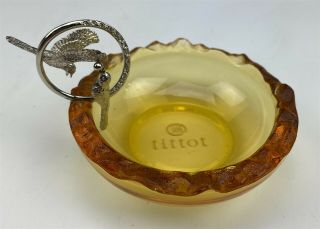Signed TITTOT Chinese Crystal Amber Silver Tone Bird Art Glass Ring Dish NR SMS 3