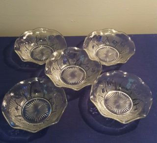 5 Clear Jeannette Glass - Depression Glass " Iris & Herringbone " Berry Bowls