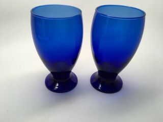 Vintage Pair (2) Cobalt Blue Glass 5 1/2” Footed Tumblers -