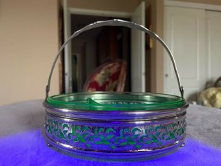 Vintage Vaseline Glass 3 Part Divided Candy Relish Dish with Metal Basket, 3