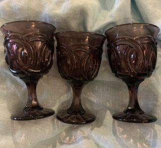 Set Of 3 L G Wright Amethyst Goblet Water Wine Glasses Tumblers Footed 5”tall