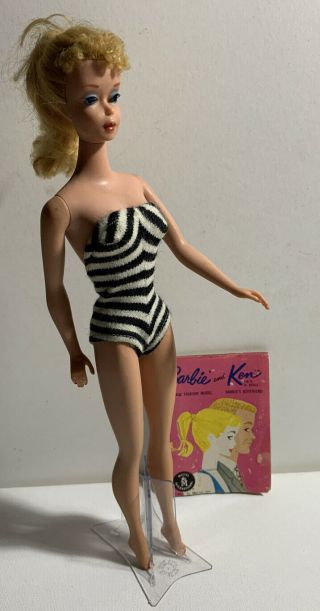 Vintage Blonde 4 Ponytail Barbie Doll In Zebra Swimsuit Clear X Stand