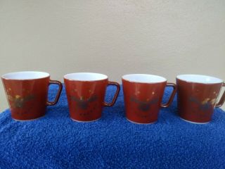 (4) Vintage Pyrex Brown Coffee Cups With Gold Eagle 10 Ounce.