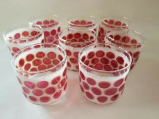 Vtg Frosted Cranberry Coin Dot Drinking Glasses - Set Of 8 - 8oz Rock Vgc