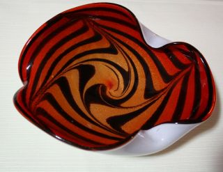 Swirled Red Orange Black Murano Art Glass Cigar Ashtray/candy Dish