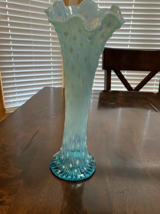 Vintage Aqua Blue White Opalescent Hobnail Vase 12” Tall Ruffled Edges