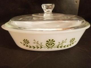 Vintage Glasbake J235 1 Qt Oval Casserole Dish With Lid - Green Daises