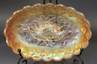 Vintage Imperial Carnival Iridescent Marigold Pansy Diamond Quilted Pickle Dish