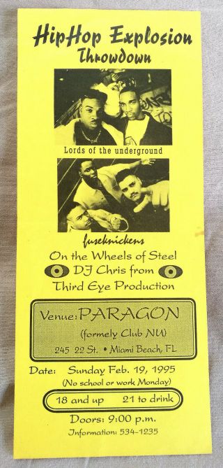 Rare Vintage Lords Of The Underground Fu Schnickens Concert Flyer Miami 1995