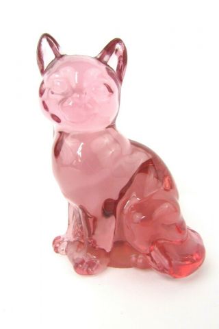 Fenton Art Glass 3.  5 " Pink Cat Figurine Paperweight Euc