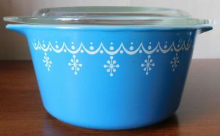 Pyrex 1 Qt Casserole Blue Snowflake Garland 473 With Lid