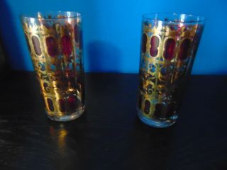 Set Of 2 Vintage Culver 22k Gold Cranberry Scroll Highball Glass Mid - Century
