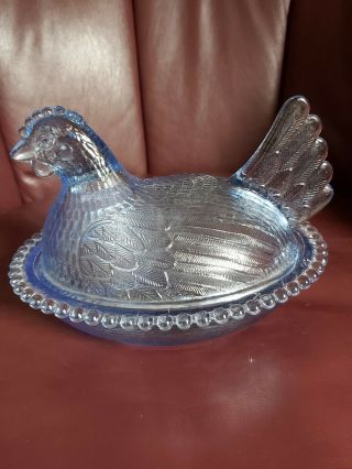 Vintage Blue Glass Chicken Hen Nest Covered Candy Dish Bowl Rooster