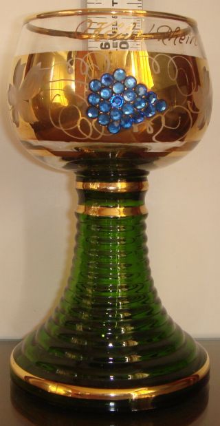 Vintage German Wine Glass Goblet Etched Gold Trim W Cut Blue Crystals Koln Rhein