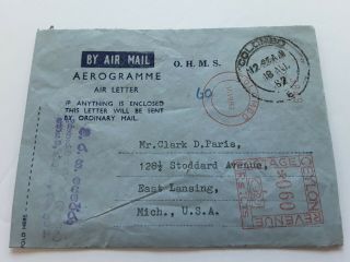 Ceylon Aerogramme Air Mail Metered Cover O.  H.  M.  S.  Colombo Cancel 1962