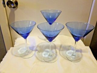 Blue Martini Glass With Clear Stem - 7 3/8 " Tall Set Of 4