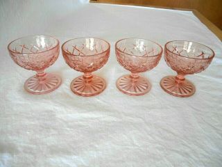 4 Pink Waterford Waffle Depression Glass Footed Sherbets - Hocking 1938 - 1944