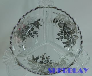 Sterling Silver Overlay Glass Crystal Rose Design Divided Candy Nut Relish Dish