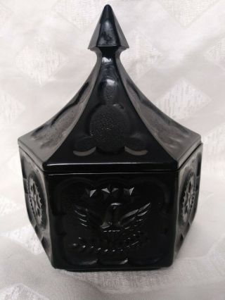 Tiara Indiana Glass Opaque Black Candy Dish Lid Hexagon Trinket Box Eagle Star