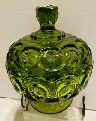 Vintage Le Smith Moon & Stars Green Glass Lidded Candy Dish Bowl 371
