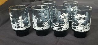7 Vintage Libbey Mary Gregory Boy,  Girl,  And Dog Blue Drinking Glasses