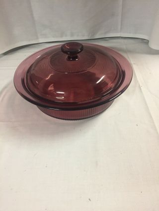 Corning Visionware Cranberry 1.  5qt Round Covered Casserole Dish Ribbed Bowl
