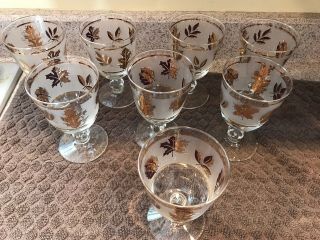 Set Of 8 Vintage Libbey Frosted Gold Leaf Foliage Stem Glasses Goblet 8oz.
