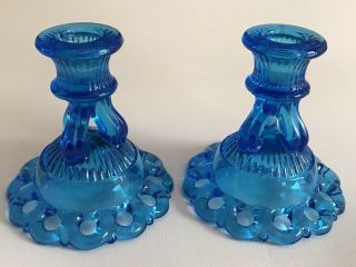 2 Vintage Westmoreland Blue Glass Reticulated Lace Candlestick Candle Holders