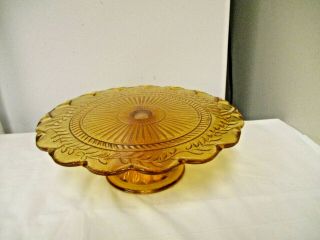 Vintage Amber Glass Pedestal Cake Plate Stand - Ivy Border Ruffled Edge