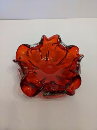 Vintage Murano Biomorphic Red Clear Art Glass Bowl 2