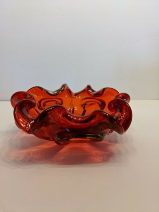 Vintage Murano Biomorphic Red Clear Art Glass Bowl 3