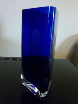 Vintage Cobalt Blue Glass Flower Vase 3 Sided Case Glass Handcrafted