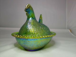 Vintage Nesting Hen Green Carnival Glass Covered Candy Dish