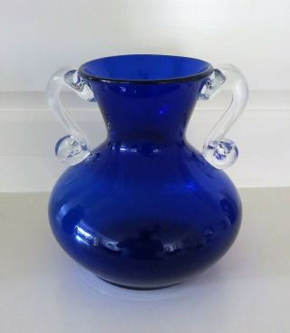 Vintage Hand Blown Cobalt Blue Glass Urn Vase Applied Clear Crystal Handles