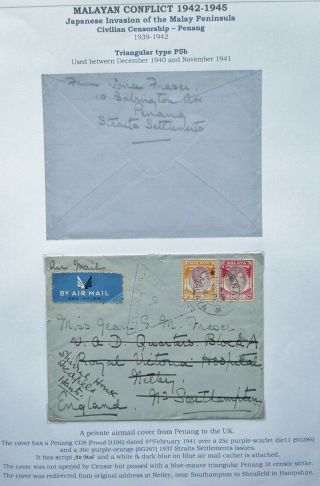 Malaya 5 Feb 1941 Censored Airmail Cover From Penang To England - Redirected