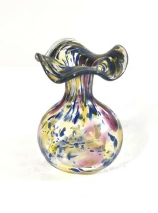 Vintage Small 3.  5” Art Glass Vase - Murano Style,  Swirl Rainbow Colorful Glass.