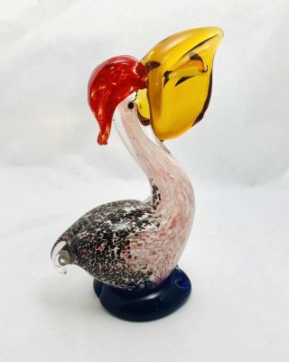 Murano Style Hand Blown Art Glass Pelican With Fish In Mouth 7 - 1/2 "