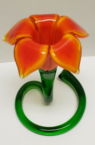 Art Glass Orange/red Flower With Green Swirl Stem
