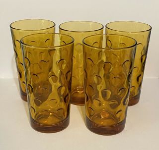 Amber Gold Thumbprint Tumbler Vintage 4.  5” Tall Drinking Glasses Depression Set