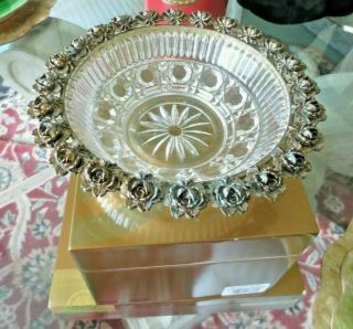 Vintage Antique Crystal Serving Bowl W/silver Plated Metal Roses On Rim,  7 "