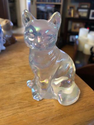 Fenton Art Glass Irridescent White Sitting Cat Kitten Vintage Rare 4”