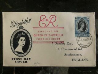 1953 Bermuda Coronation First Day Cover Fdc Queen Elizabeth Ii Qe2 To England