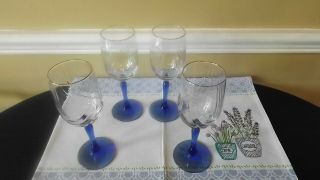 Set Of 4 Vintage Cobalt Blue Stem Wine Swag Draped Glasses Gold Rims Lenox
