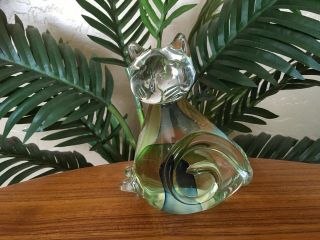 Vintage Murano Sommerso Glass Blue,  Green & Clear Glass Cat Paperweight Figurine