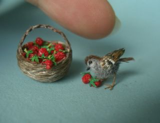 Ooak Dollhouse 1:12 Miniature Sparrow Strawberry Basket Handmade Oreon Cat