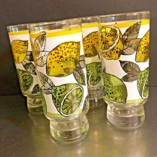 Libbey Citrus Lemon Lime Glassware Set 4 Iced Tea Lemonade Mid Century Made Usa