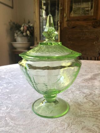 Vintage Green Depression Glass Covered Footed Candy Dish.