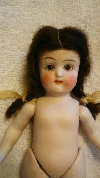 7 " Large Antique German All Bisque Doll Glass Eye Mignonette To Dress - Org Wig