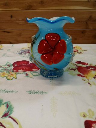 Vintage Hand Blown Art Glass Blue Vase Applied Red Flower 6”h