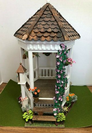 Dollhouse Miniature Artist Signed Decorated Floral Garden Butterfly Gazebo 1:12